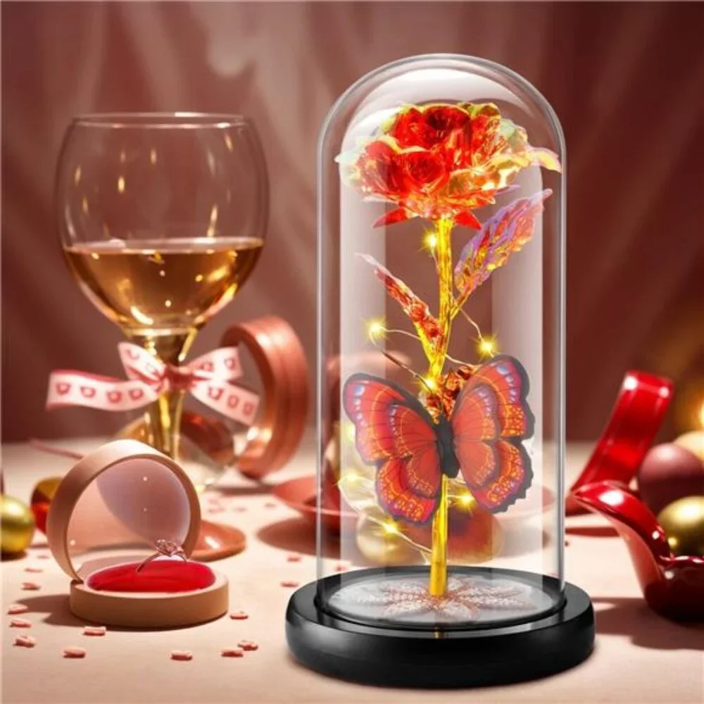Mothers Day Gifts, Artificial Flowers Eternal Red Rose Butterfly Led